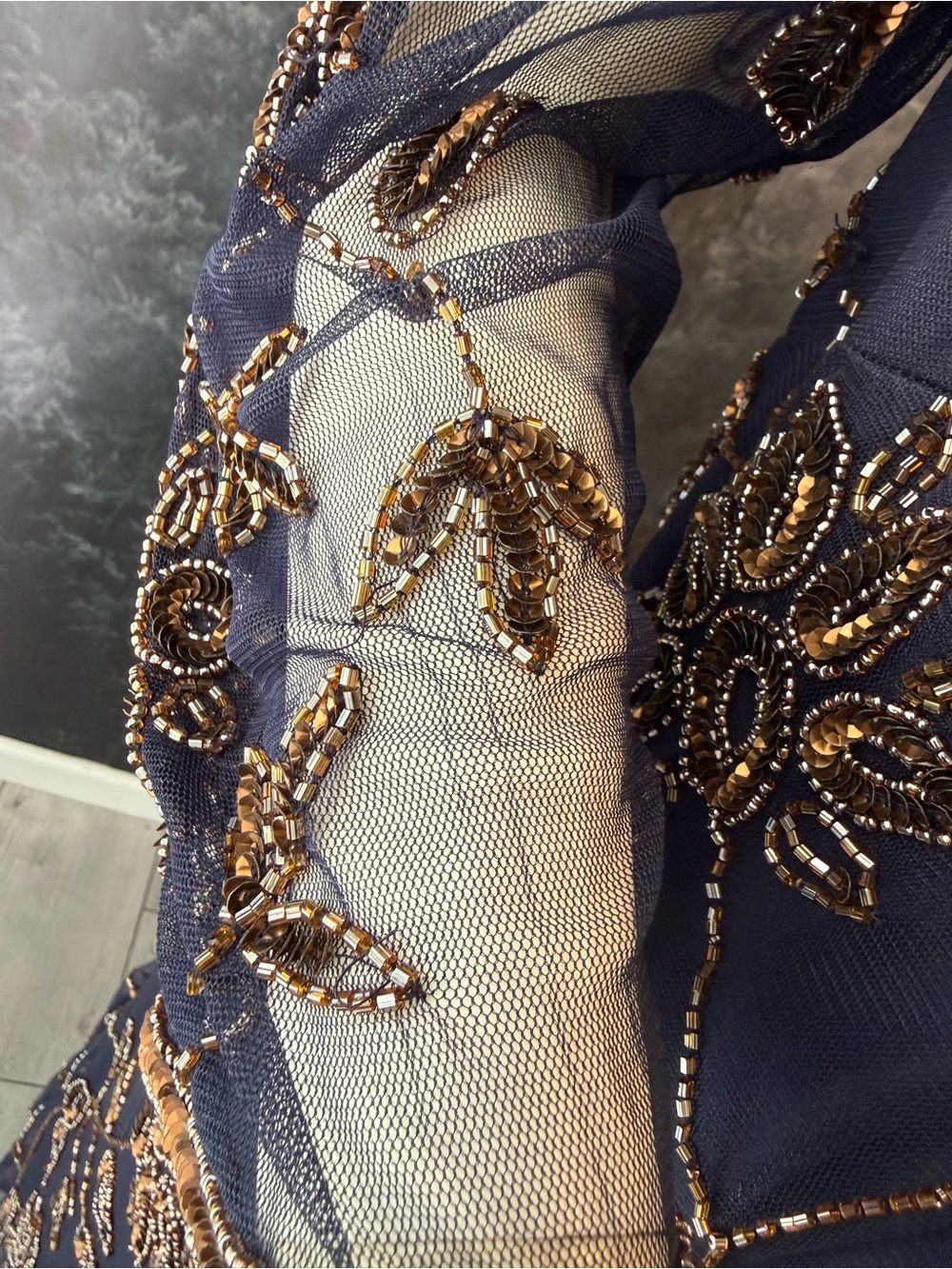 Pisarro Nights Navy Blue Midi Dress with Gold Floral Embroidery beads and sequin - Picture 6 of 15